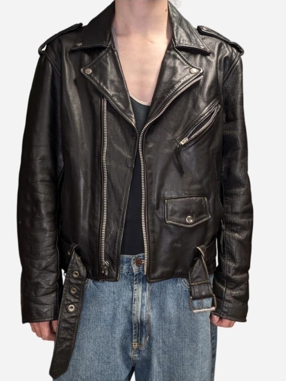 Classic Black Leather Biker Jacket - Men's